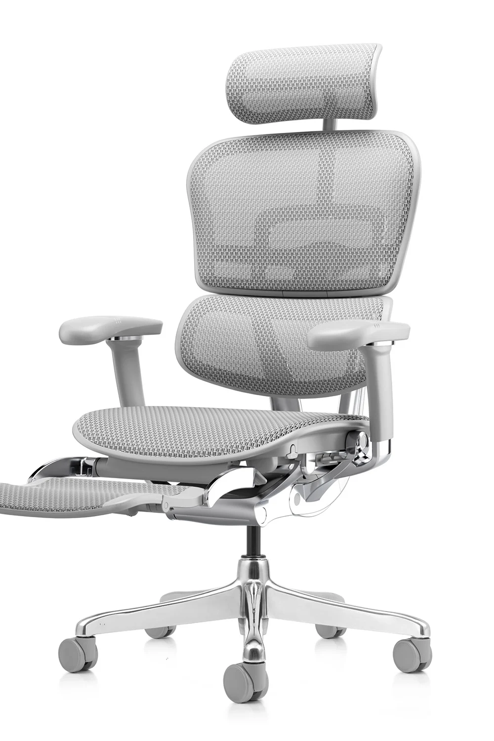 Grey office chair Ergohuman 2 Elite mark II Platinum with grey frame, grey mesh and leg rest front with leg rest extended