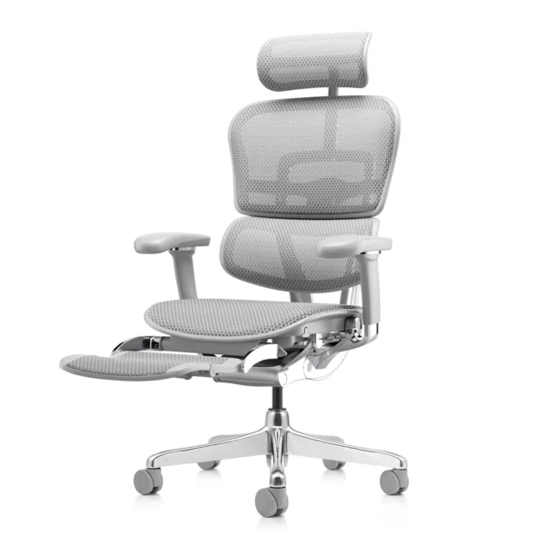 Grey office chair Ergohuman 2 Elite mark II Platinum with grey frame, grey mesh and leg rest front with leg rest extended