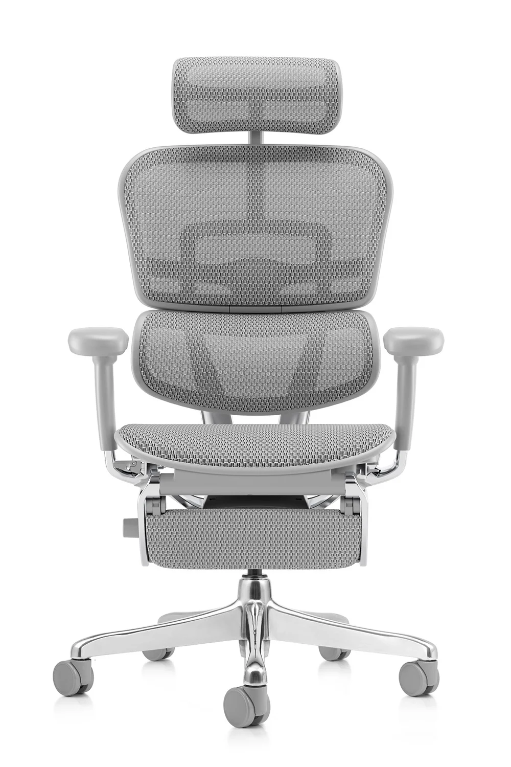 Grey office chair Ergohuman 2 Elite mark II Platinum with grey frame, grey mesh and leg rest front view