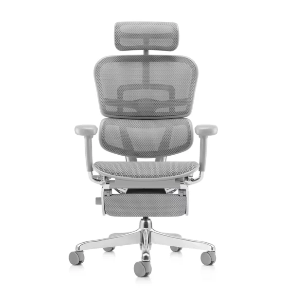 Grey office chair Ergohuman 2 Elite mark II Platinum with grey frame, grey mesh and leg rest front view
