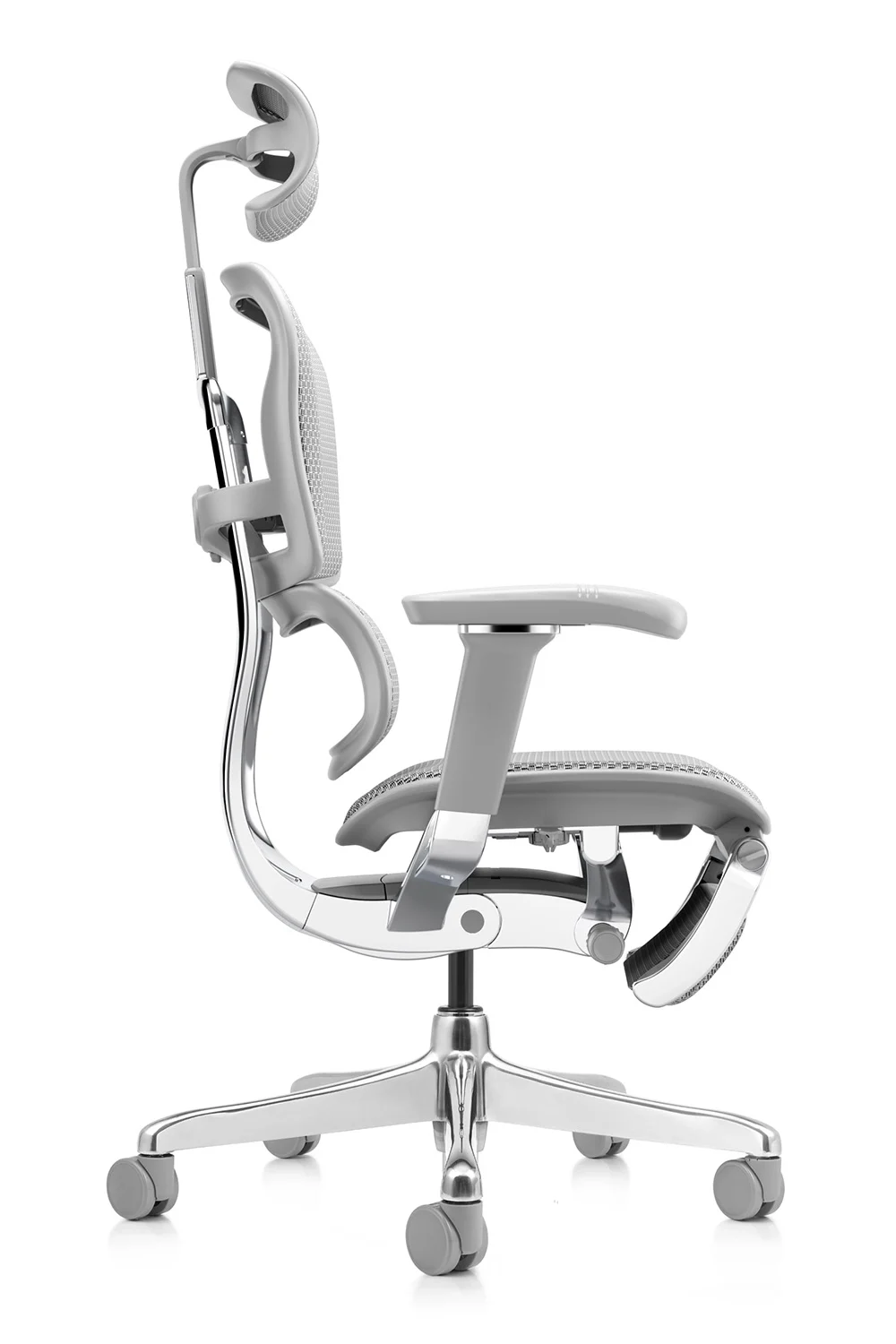 Grey office chair Ergohuman 2 Elite mark II Platinum with grey frame, grey mesh and leg rest right side view