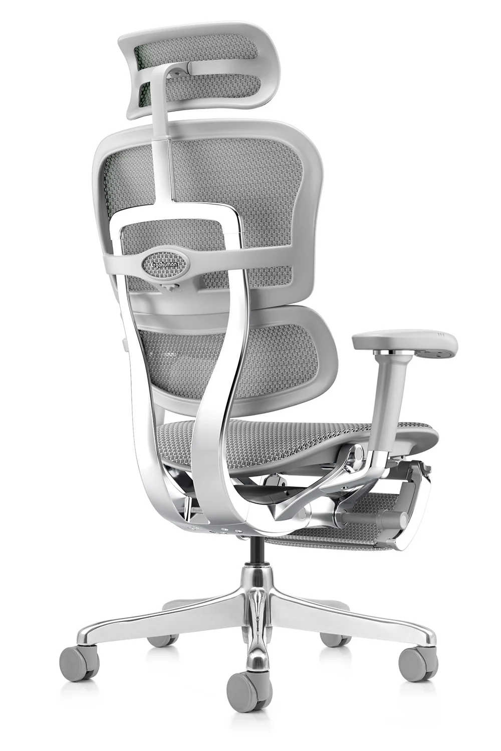 Grey office chair Ergohuman 2 Elite mark II Platinum with grey frame, grey mesh and leg rest rear right quarter