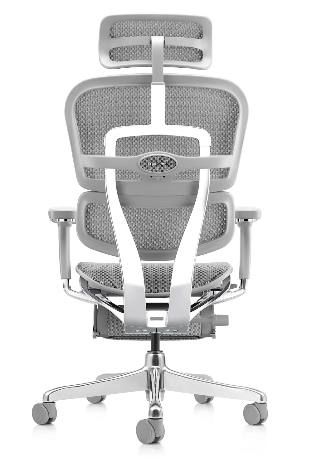 Grey office chair Ergohuman 2 Elite mark II Platinum with grey frame, grey mesh and leg rest rear view