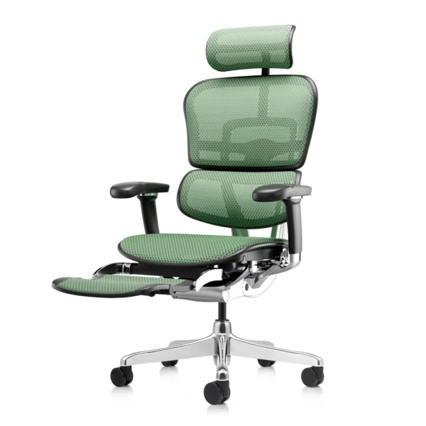 Green office chair Ergohuman 2 Elite mark II in green mesh with leg rest front left quarter