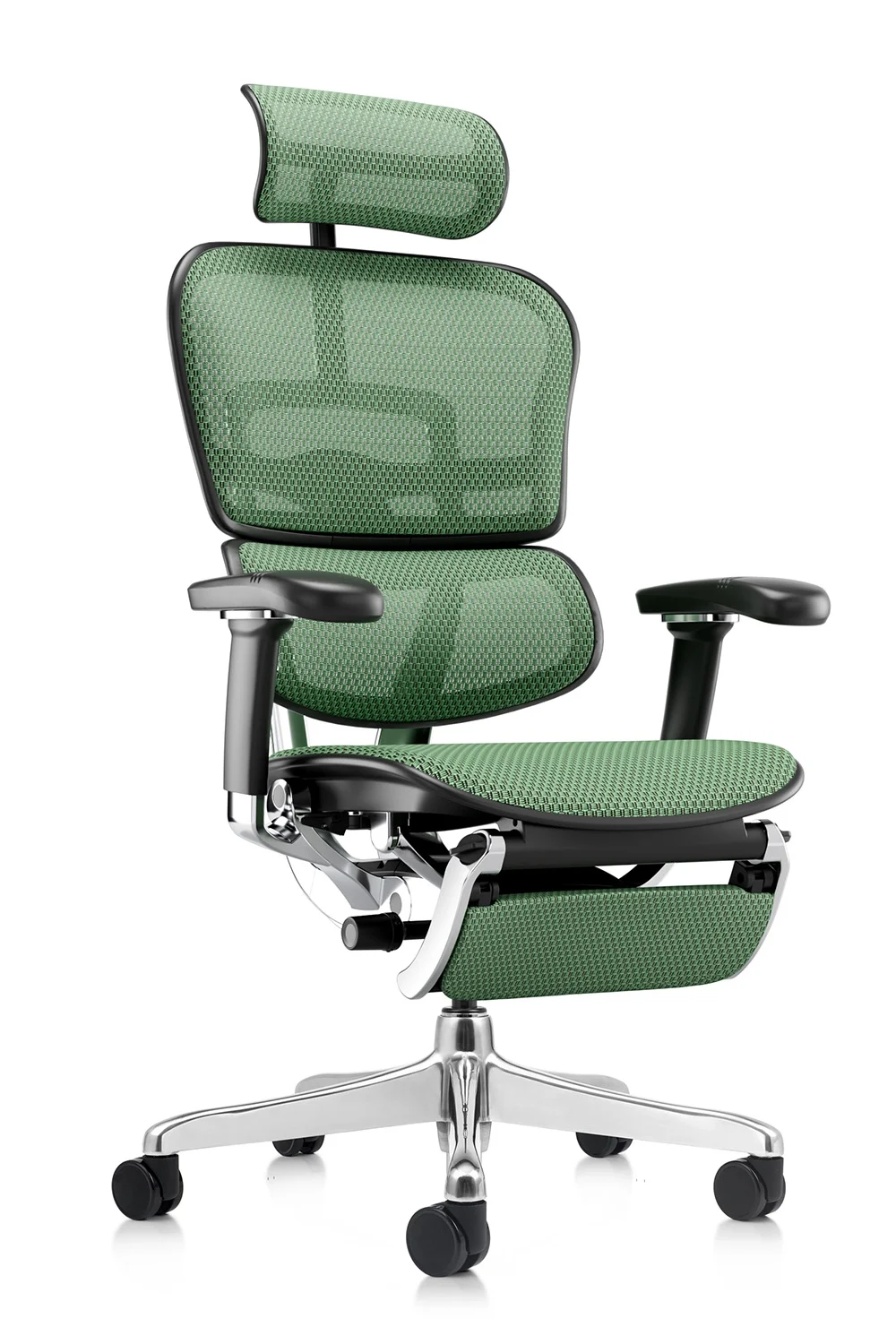 Green office chair Ergohuman 2 Elite mark II in green mesh with leg rest front right quarter