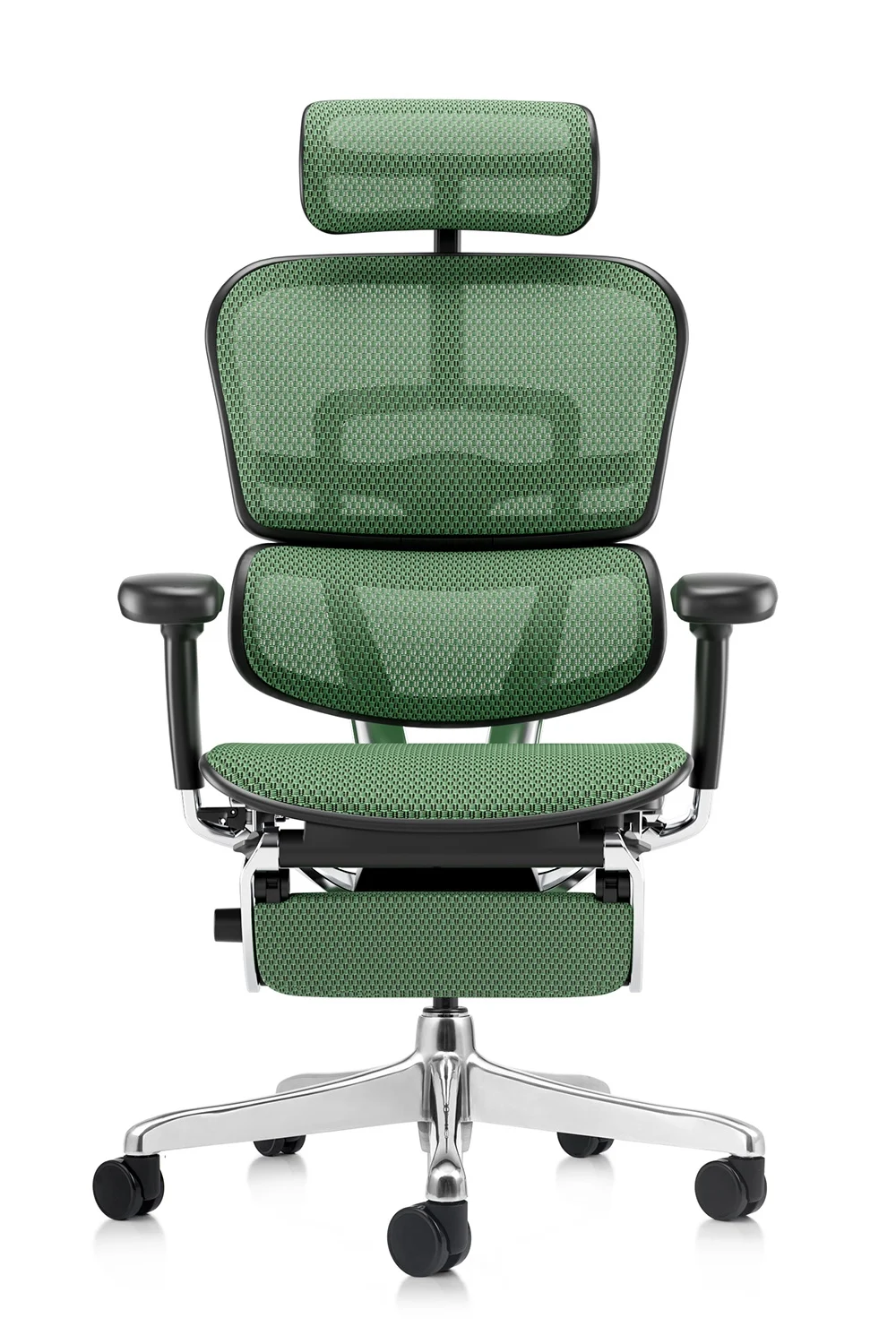 Green office chair Ergohuman 2 Elite mark II in green mesh with leg rest front view
