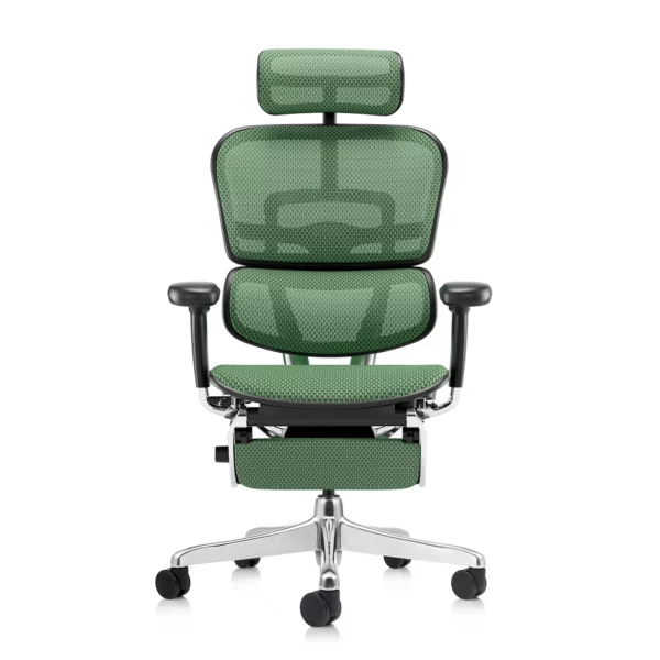 Green office chair Ergohuman 2 Elite mark II in green mesh with leg rest front view