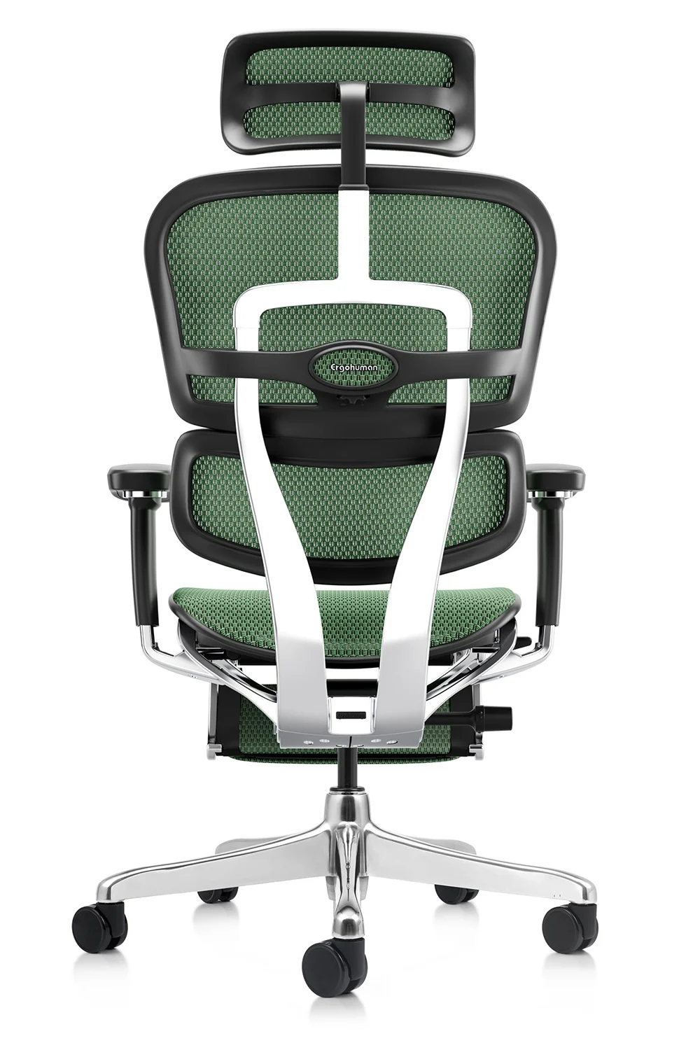 Green office chair Ergohuman 2 Elite mark II in green mesh with leg rest rear view